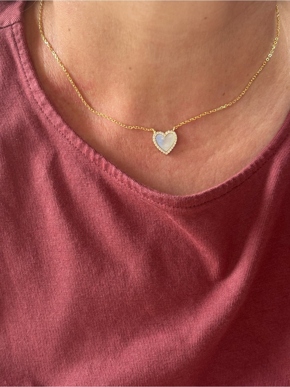 Delicate Gold Heart Necklace with Mother-of-Pearl Center